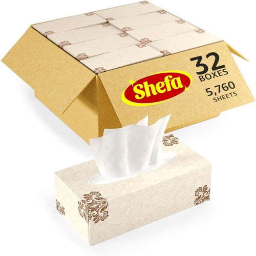 Shefa 5760 Facial Tissues Bulk Paper Box - 32 Flat Box with Grab-and-Go Opening, 2-Ply Soft Tissue for Face & Nose,Home, Office, & Classroom Use